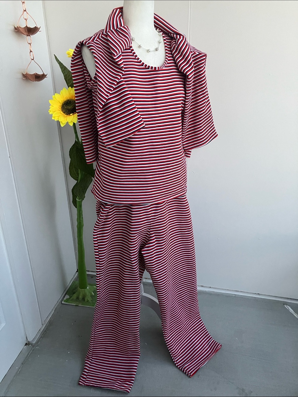 Vintage 60s Red, White, & Blue Striped 3 Piece Tank Top, Long Sleeve, & Pants